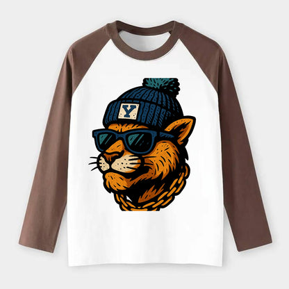 Provo Cougar wearing BYU beanie with Y patch - Raglan Long Sleeve T-Shirt - Coffee
