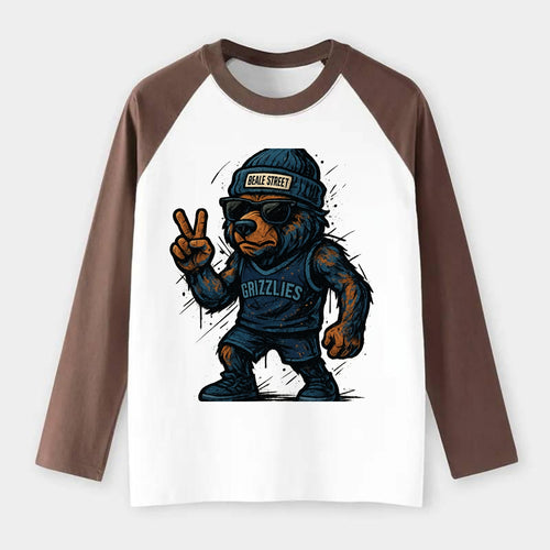 Memphis Grizzly Bear wearing Grizzlies navy and light blue beanie with - Raglan Long Sleeve T-Shirt