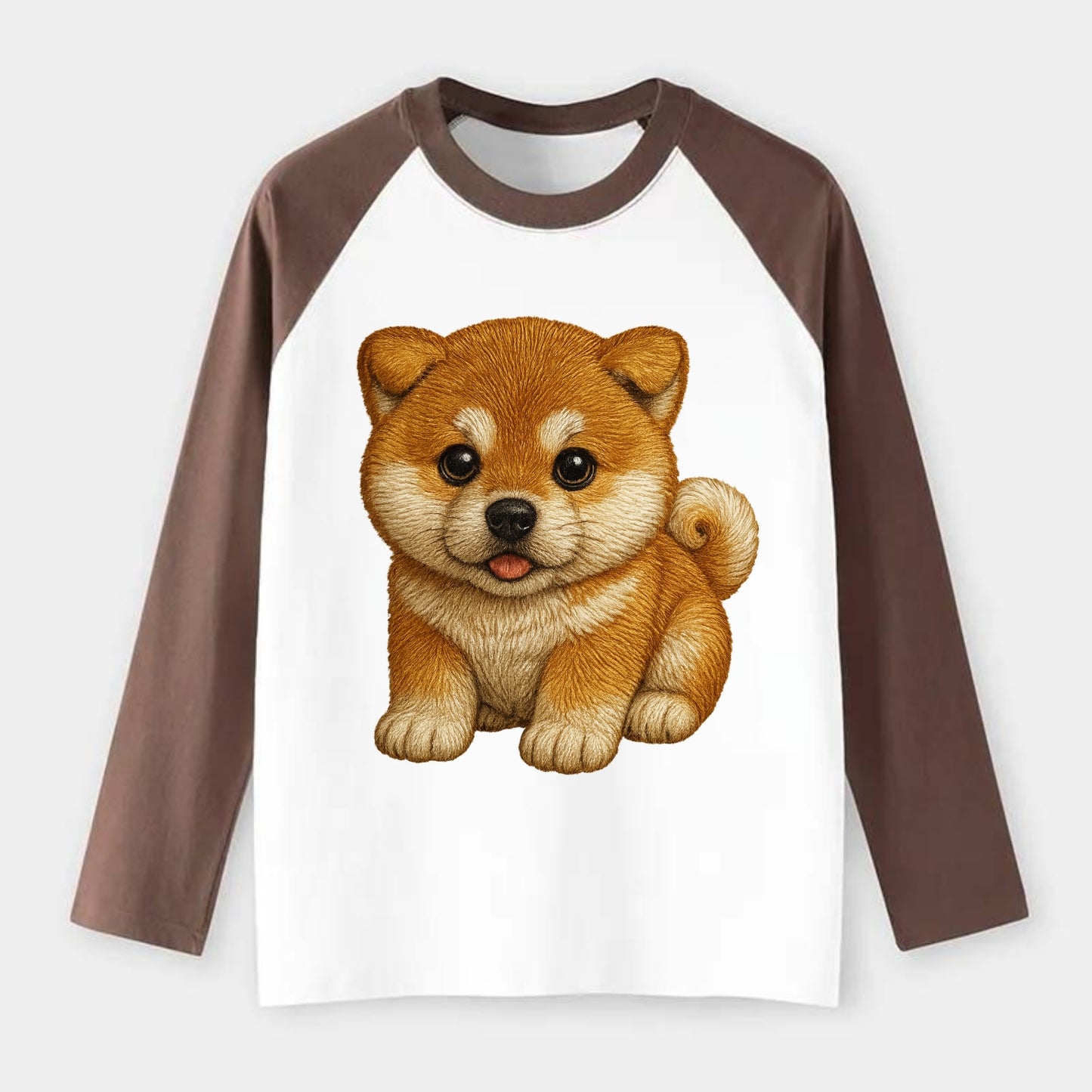 Baby Akita Puppy - fluffy bear-like, curled tail, dignified eyes, - Raglan Long Sleeve T-Shirt - Coffee
