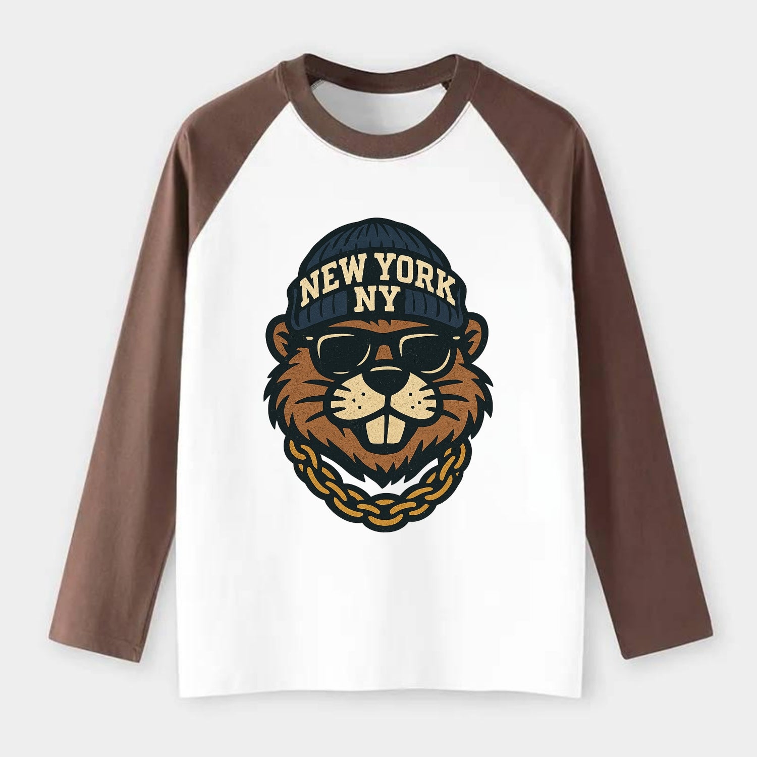 {"animal":"beaver","locationText":"NEW YORK","initials":"NY","beanieCol - Raglan Long Sleeve T-Shirt - Coffee