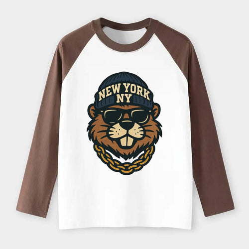 {animal:beaver,locationText:NEW YORK,initials:NY,beanieCol - Raglan Long Sleeve T-Shirt