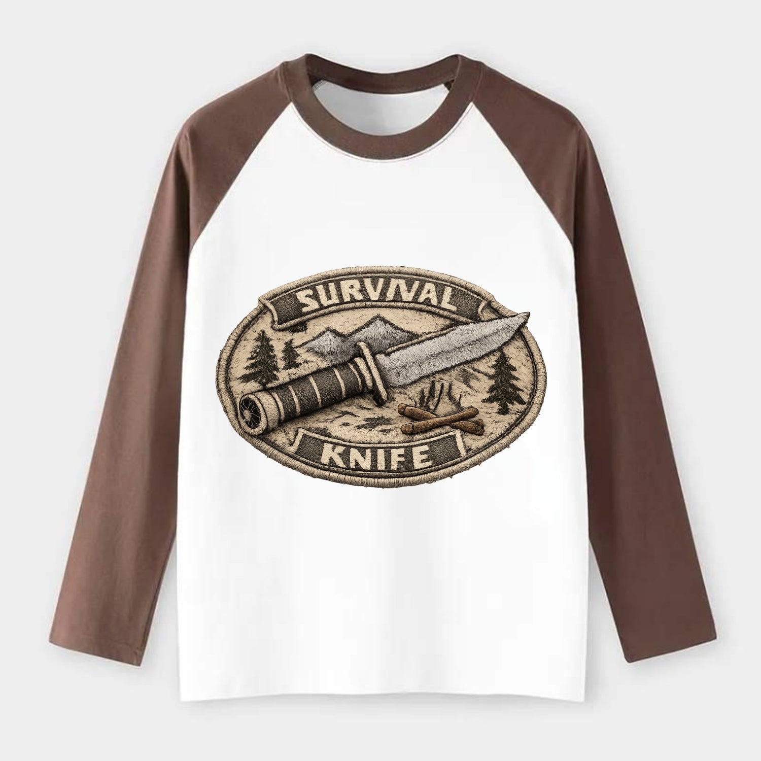 SURVIVAL KNIFE - fixed blade with compass in silver and black , - Raglan Long Sleeve T-Shirt - Coffee