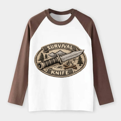 SURVIVAL KNIFE - fixed blade with compass in silver and black , - Raglan Long Sleeve T-Shirt - Coffee