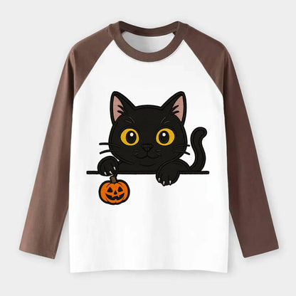 Midnight the black cat poking tongue out playfully while peeking. - Raglan Long Sleeve T-Shirt - Coffee
