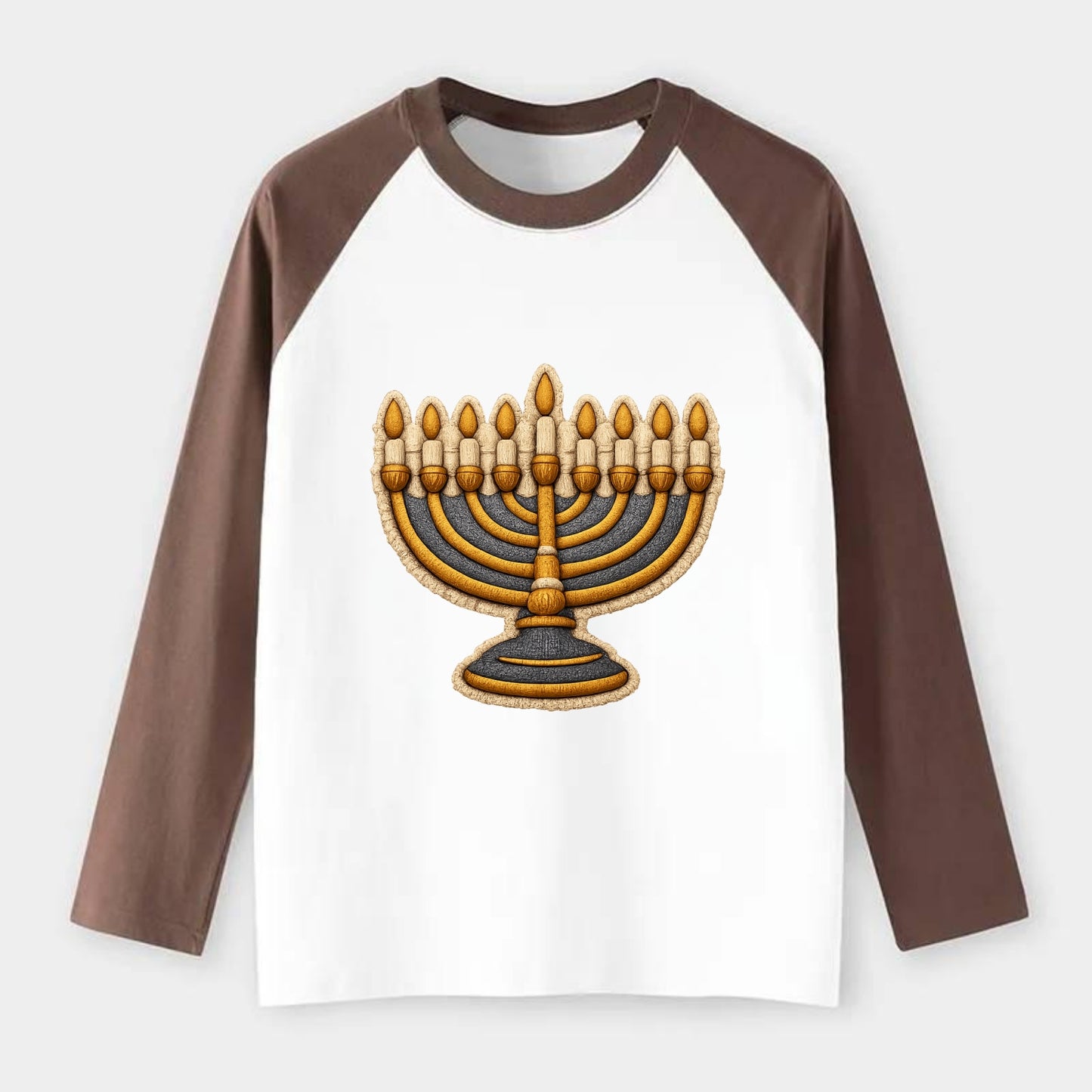 MENORAH LIGHTS - nine branch candelabra in gold and blue , Hanukkah - Raglan Long Sleeve T-Shirt - Coffee