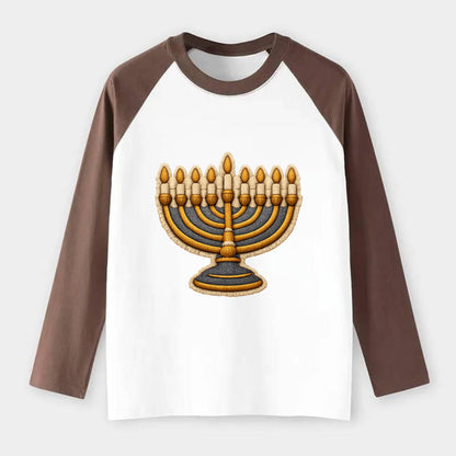 MENORAH LIGHTS - nine branch candelabra in gold and blue , Hanukkah - Raglan Long Sleeve T-Shirt - Coffee