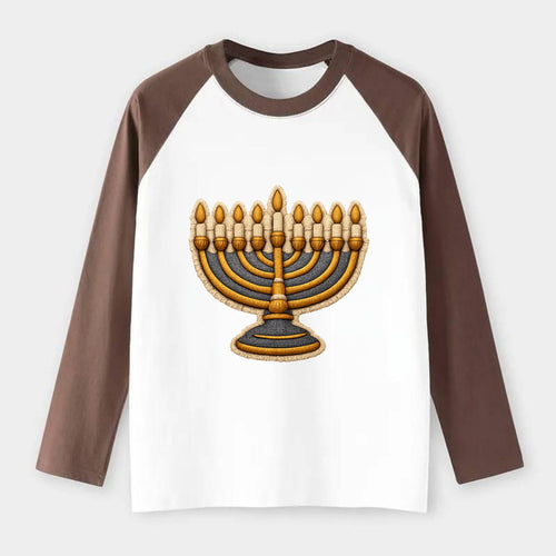 MENORAH LIGHTS - nine branch candelabra in gold and blue , Hanukkah - Raglan Long Sleeve T-Shirt