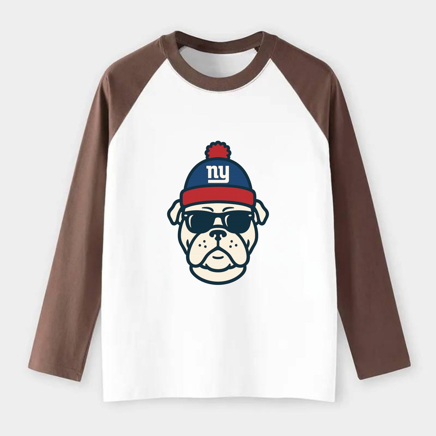 New York Bulldog wearing Giants blue and red beanie with pom pom and - Raglan Long Sleeve T-Shirt - Coffee