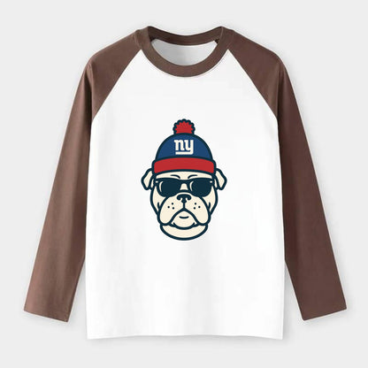 New York Bulldog wearing Giants blue and red beanie with pom pom and - Raglan Long Sleeve T-Shirt - Coffee