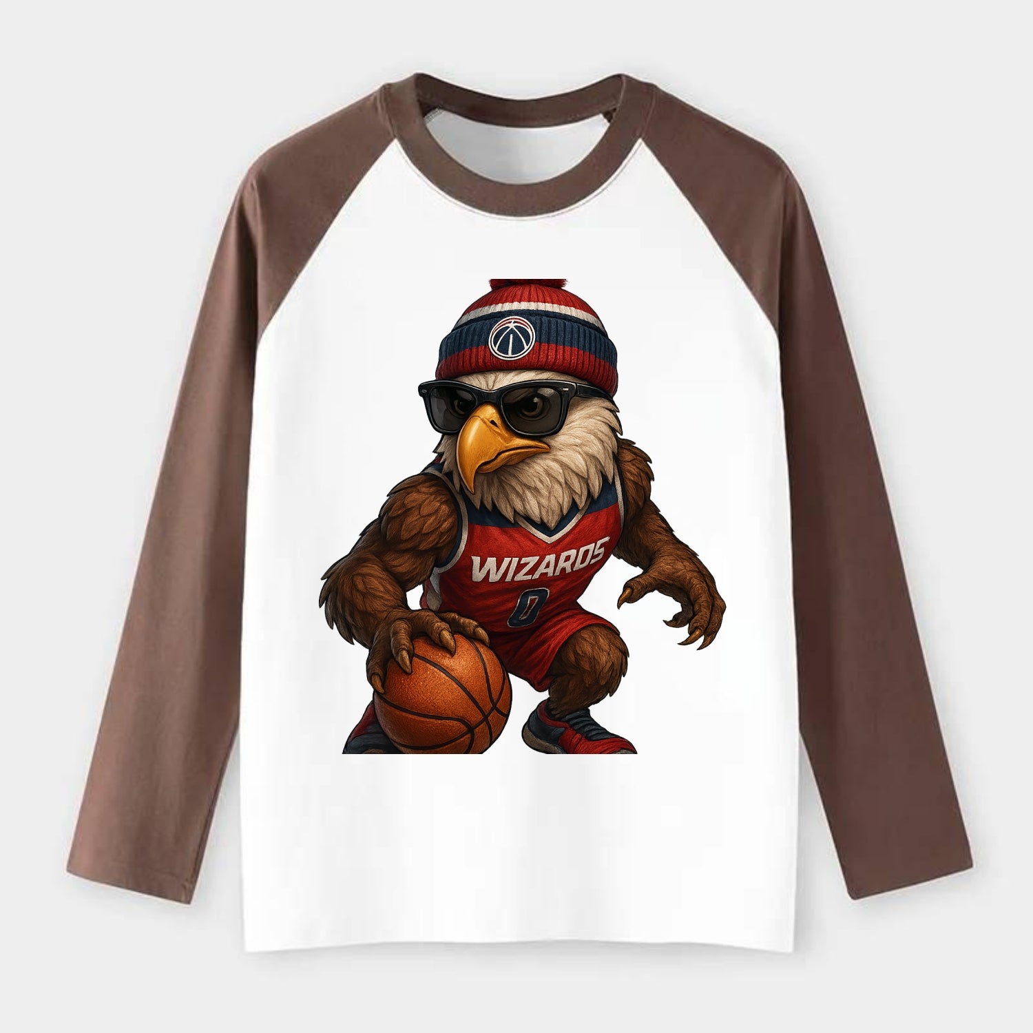 DC Eagle wearing Wizards red white and blue beanie with monument patch - Raglan Long Sleeve T-Shirt - Coffee