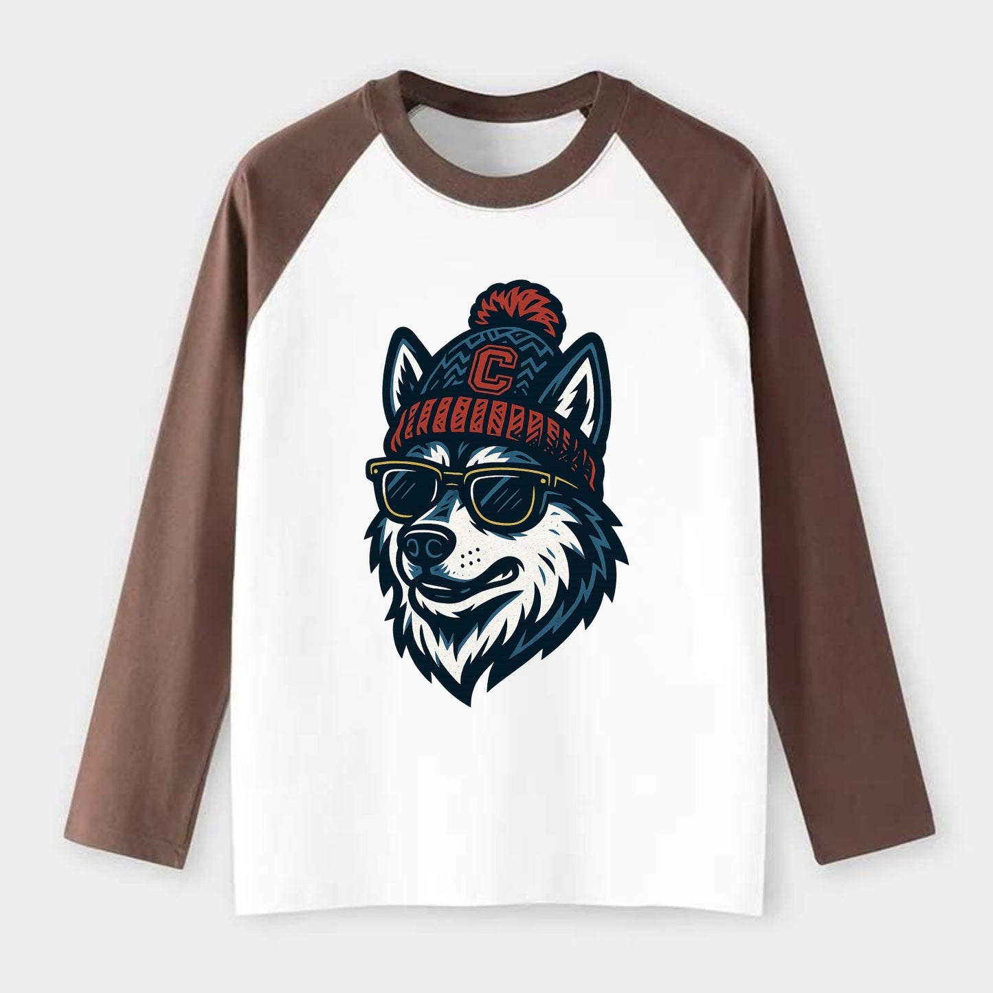 Storrs Husky wearing UConn beanie with C patch - Raglan Long Sleeve T-Shirt - Coffee
