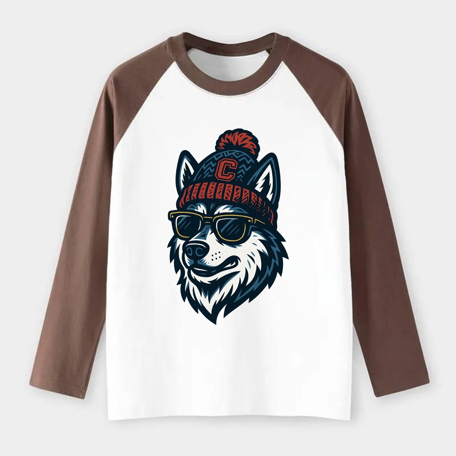 Storrs Husky wearing UConn beanie with C patch - Raglan Long Sleeve T-Shirt - Coffee
