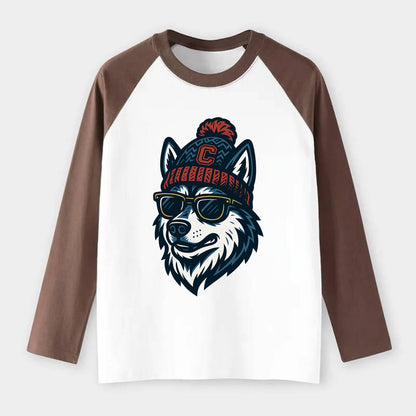 Storrs Husky wearing UConn beanie with C patch - Raglan Long Sleeve T-Shirt - Coffee