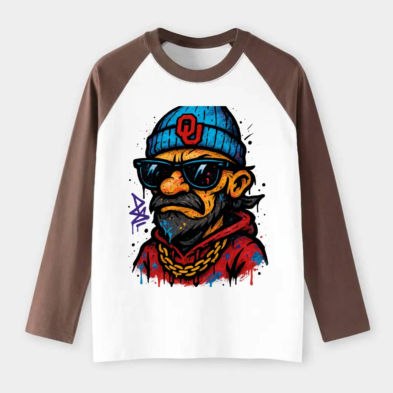 Norman Sooner wearing Oklahoma beanie with OU patch - Raglan Long Sleeve T-Shirt - Coffee