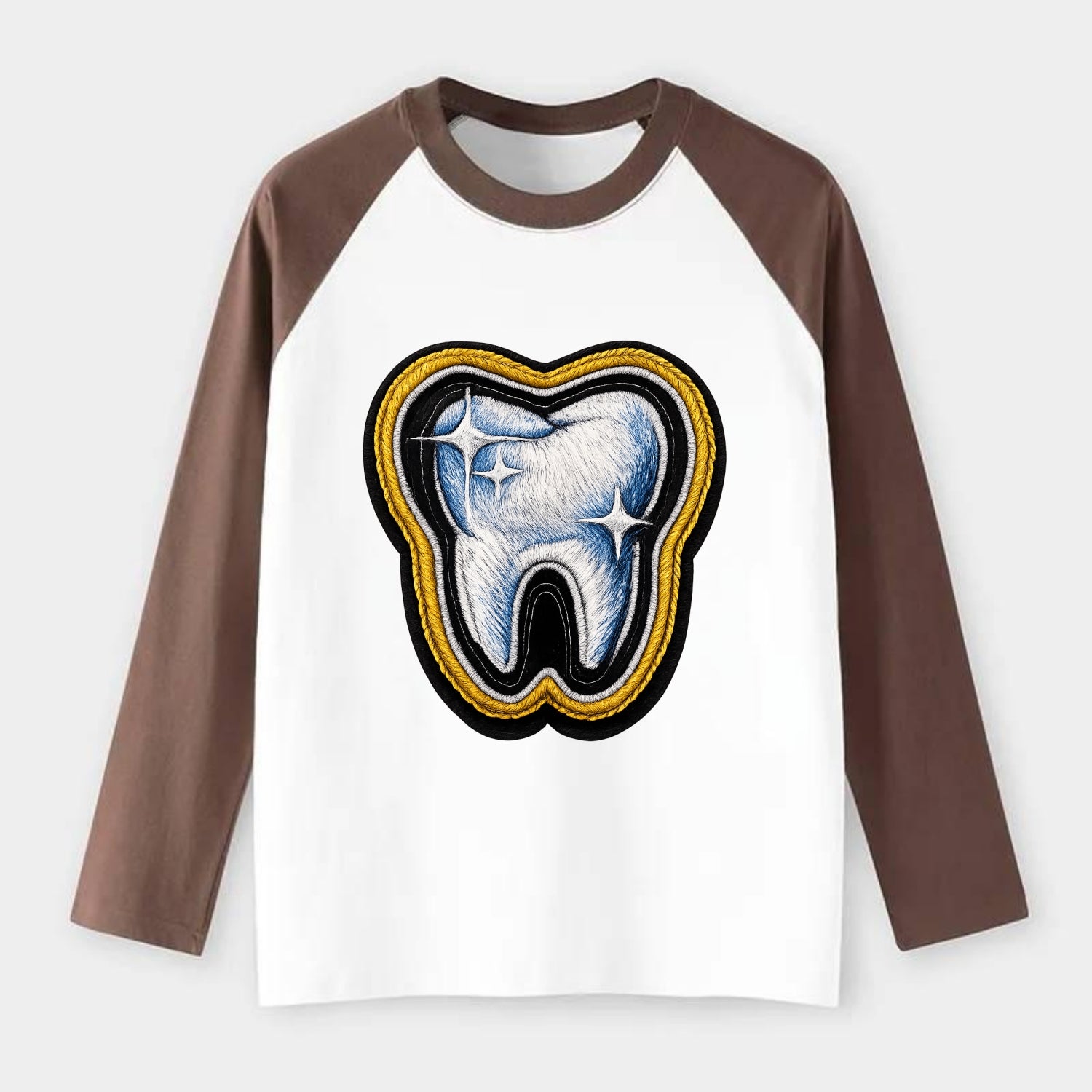 DENTAL TOOTH - molar with sparkle in white and blue , dentist - Raglan Long Sleeve T-Shirt - Coffee