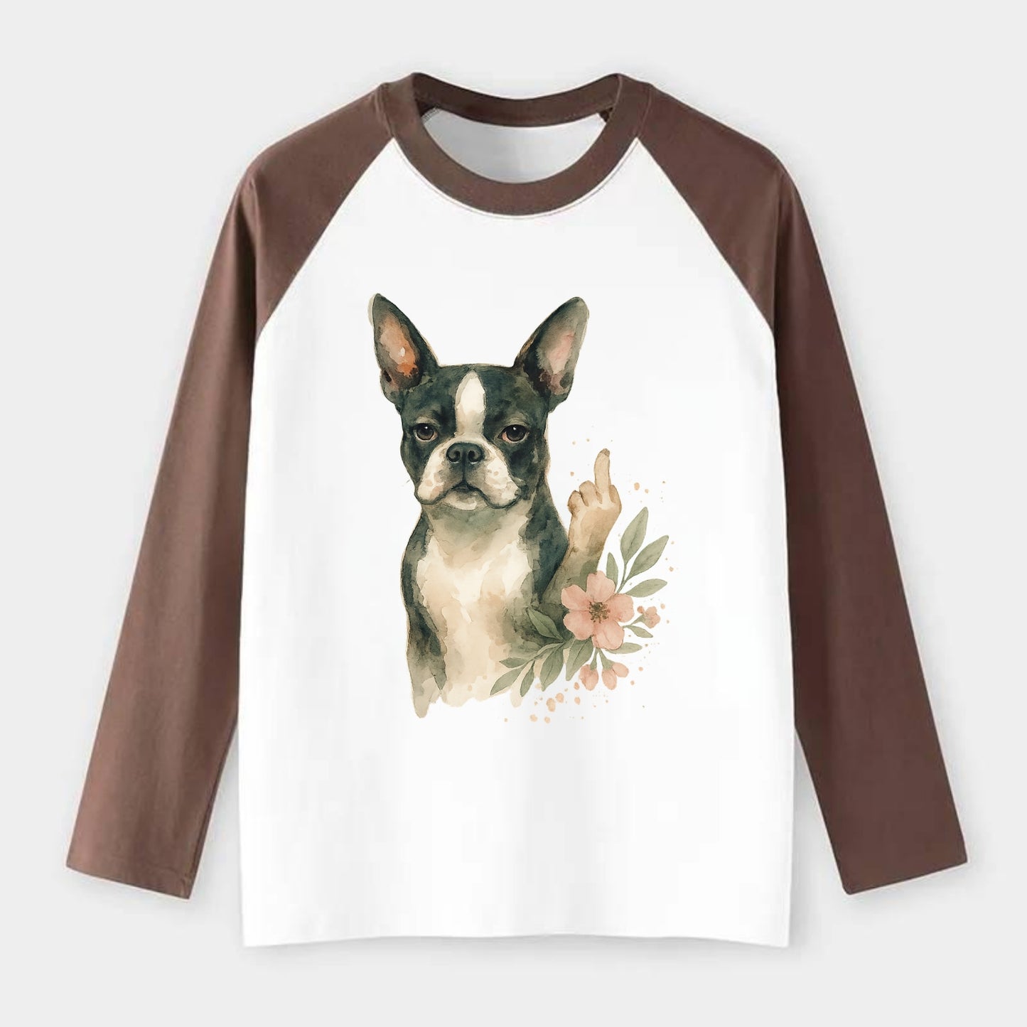 Boston Terrier with tuxedo markings, perky ears, paw up giving sass - Raglan Long Sleeve T-Shirt - Coffee