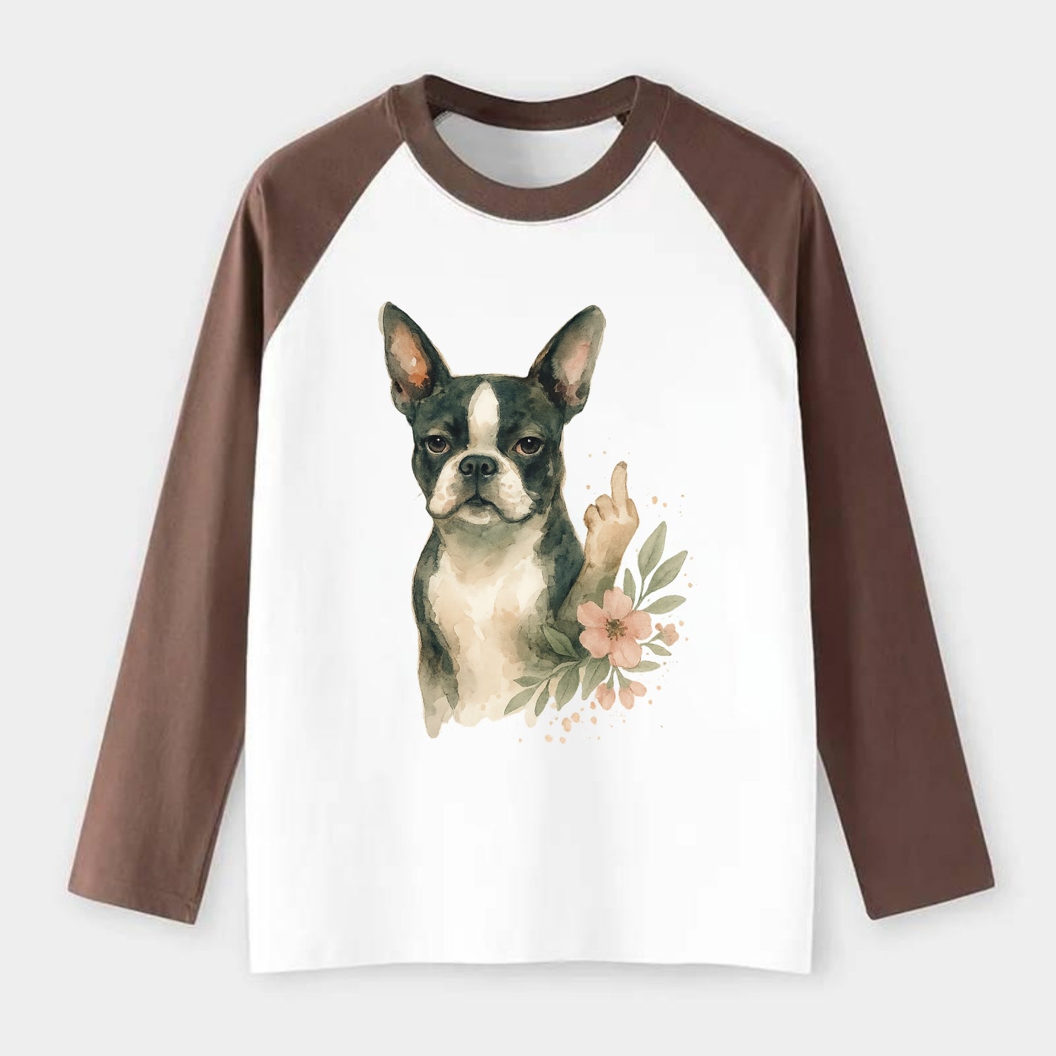 Boston Terrier with tuxedo markings, perky ears, paw up giving sass - Raglan Long Sleeve T-Shirt - Coffee