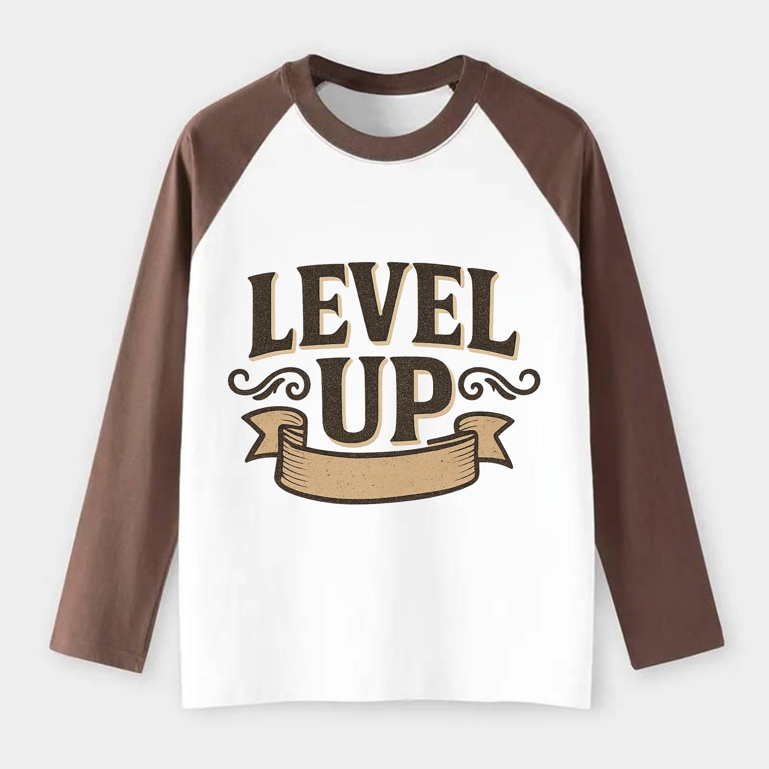 Bold typography design - "LEVEL UP" - improving, advancing, growing - Raglan Long Sleeve T-Shirt - Coffee