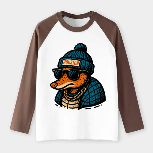 Houston Armadillo wearing Houston beanie with pom pom and wayfarer - Raglan Long Sleeve T-Shirt