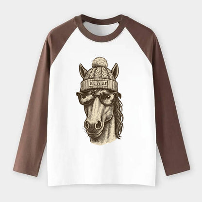 Kentucky Thoroughbred Horse wearing Louisville beanie with pom pom and - Raglan Long Sleeve T-Shirt - Coffee