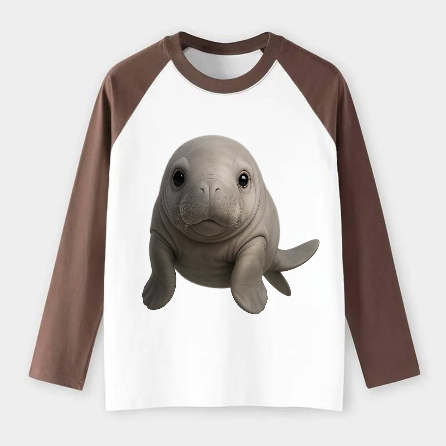 Baby Dugong - gray with paddle tail, gentle expression, whiskers, - Raglan Long Sleeve T-Shirt - Coffee