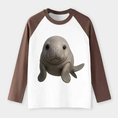Baby Dugong - gray with paddle tail, gentle expression, whiskers, - Raglan Long Sleeve T-Shirt - Coffee