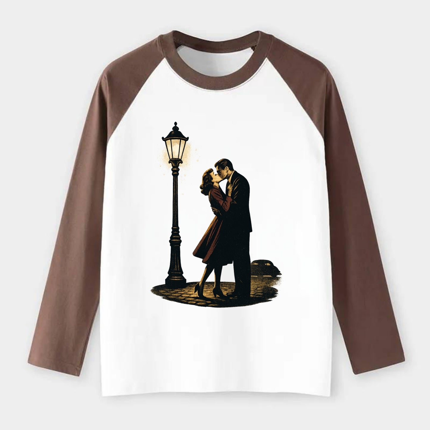 first kiss under vintage street lamp on cobblestone at night - Raglan Long Sleeve T-Shirt - Coffee