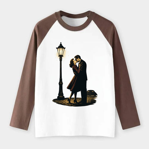 first kiss under vintage street lamp on cobblestone at night - Raglan Long Sleeve T-Shirt