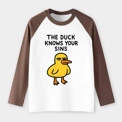 THE DUCK KNOWS YOUR SINS | Yellow duck with judgmental stare - Raglan Long Sleeve T-Shirt - Coffee