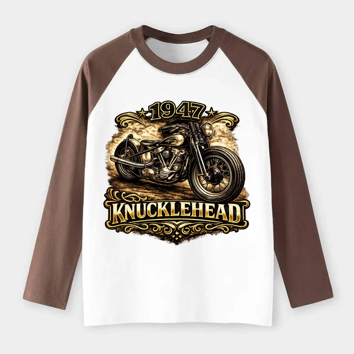 1947 Knucklehead Bobber - Raglan Long Sleeve T-Shirt - Coffee