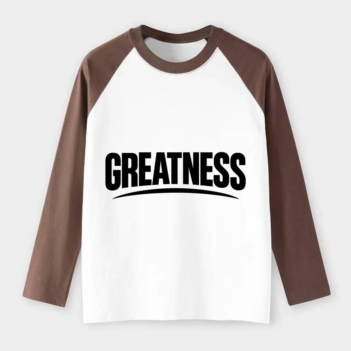 Bold typography design - "GREATNESS" - achieving excellence, reaching - Raglan Long Sleeve T-Shirt - Coffee