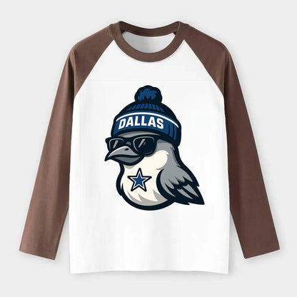Dallas Mockingbird wearing Cowboys beanie with sheriff star and - Raglan Long Sleeve T-Shirt - Coffee