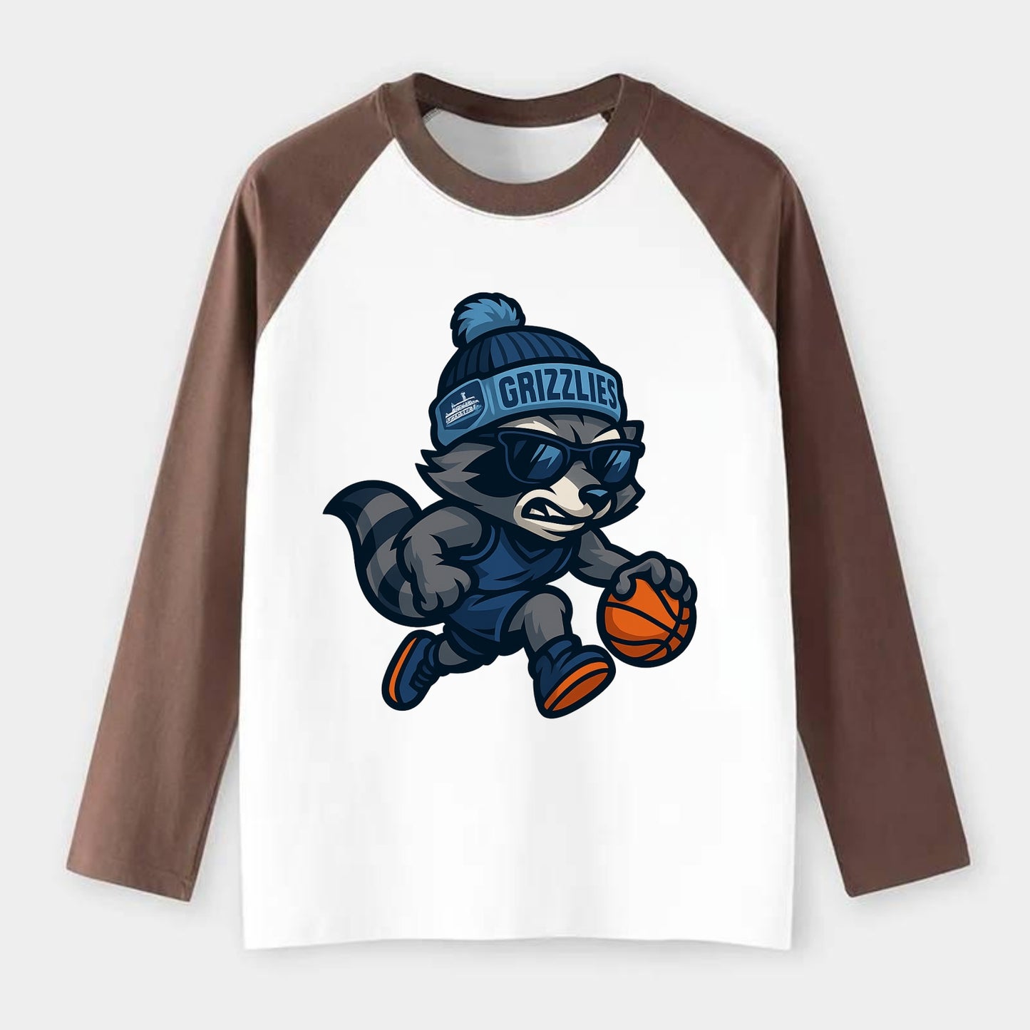 Memphis Raccoon wearing Grizzlies beanie with riverboat patch and - Raglan Long Sleeve T-Shirt - Coffee