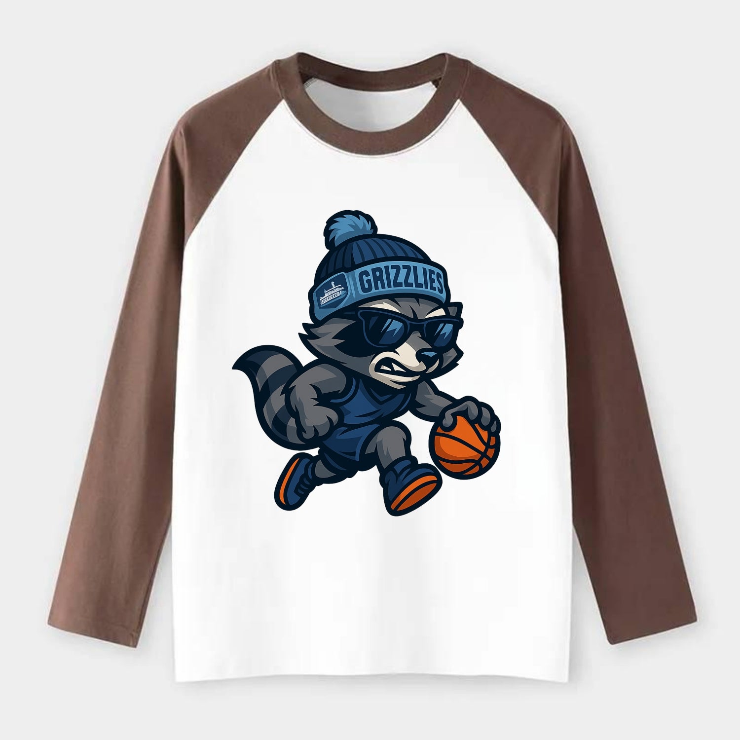 Memphis Raccoon wearing Grizzlies beanie with riverboat patch and - Raglan Long Sleeve T-Shirt - Coffee