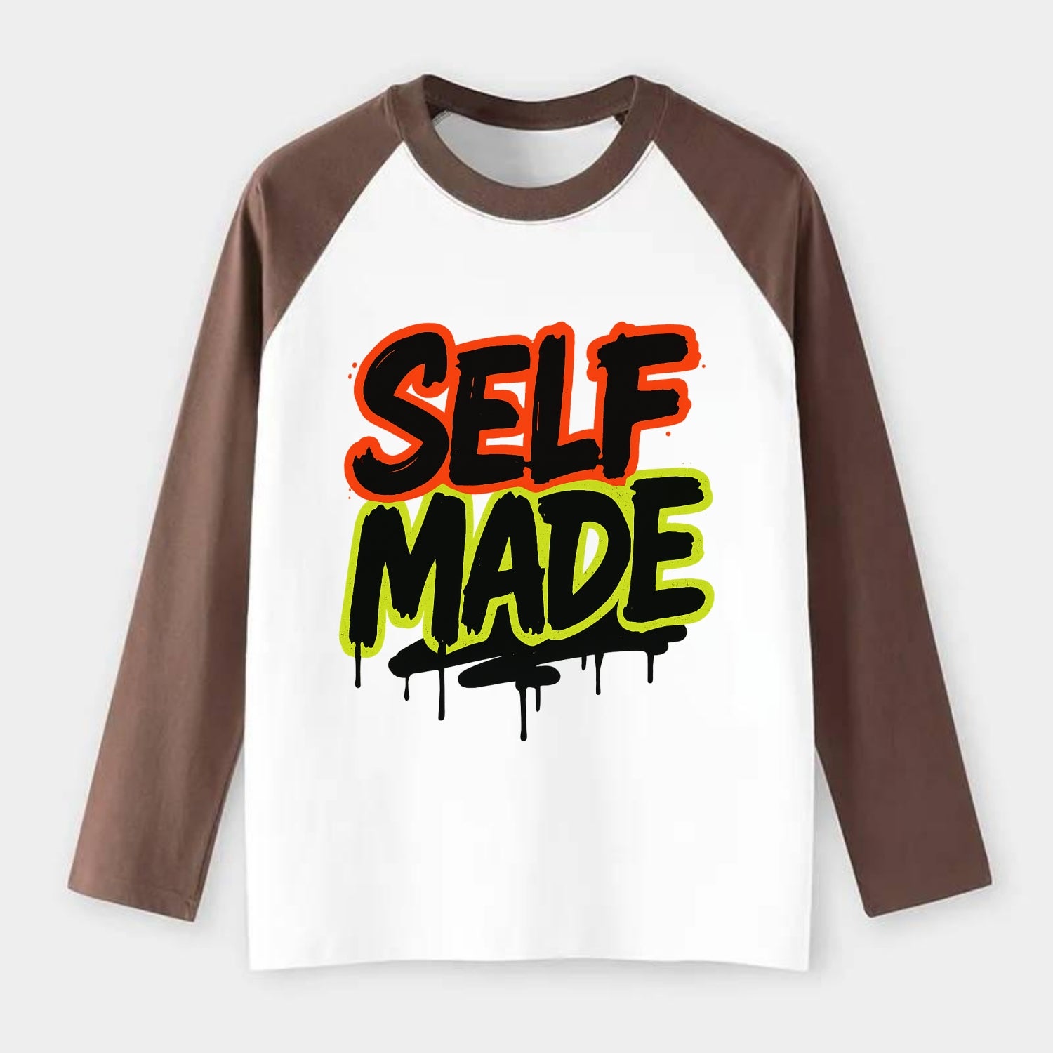Bold typography design - "SELF MADE" - built from nothing, earned - Raglan Long Sleeve T-Shirt - Coffee