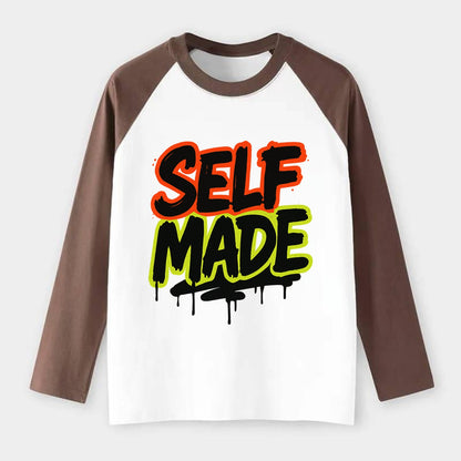 Bold typography design - "SELF MADE" - built from nothing, earned - Raglan Long Sleeve T-Shirt - Coffee