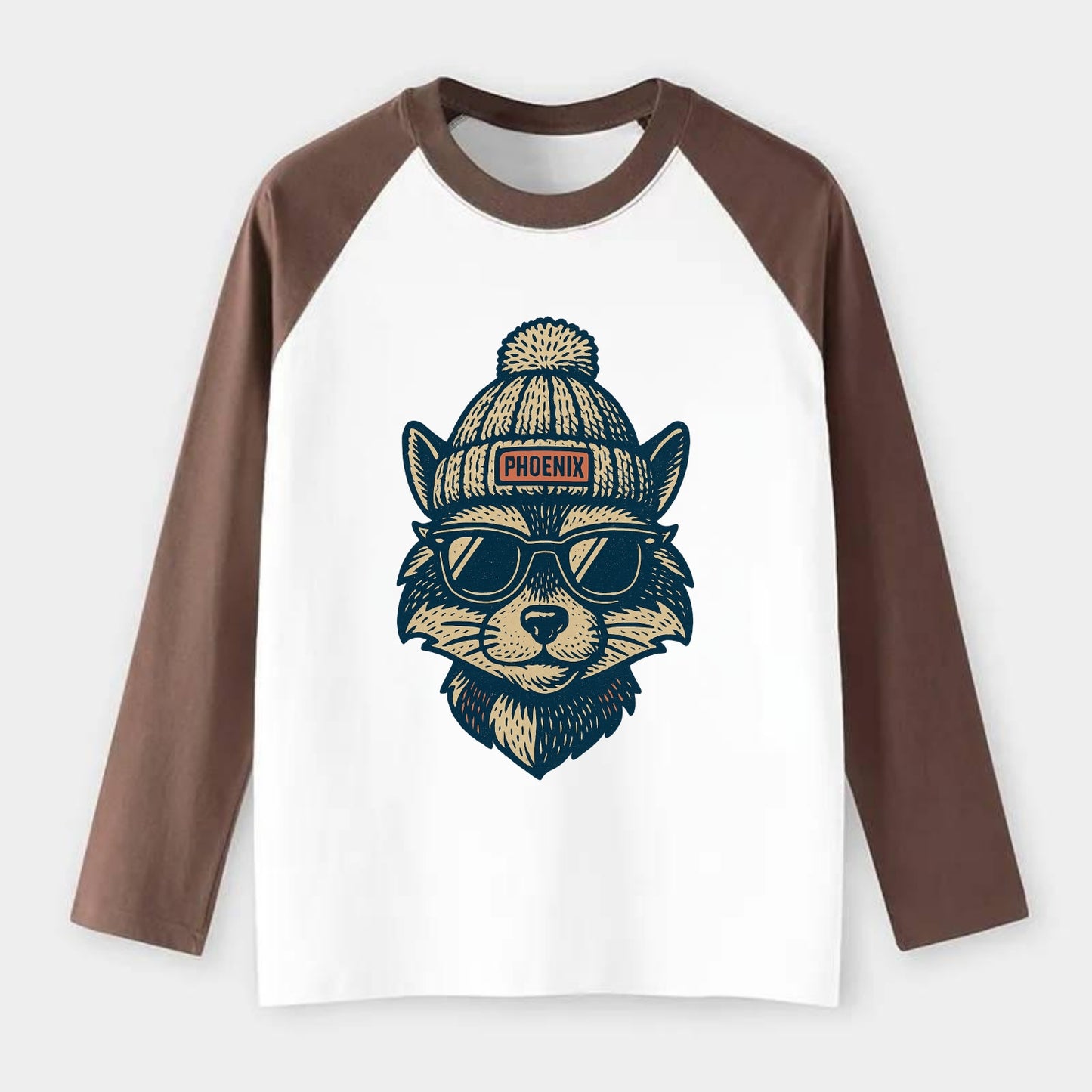 Arizona Ringtail wearing Phoenix beanie with pom pom and wayfarer - Raglan Long Sleeve T-Shirt - Coffee
