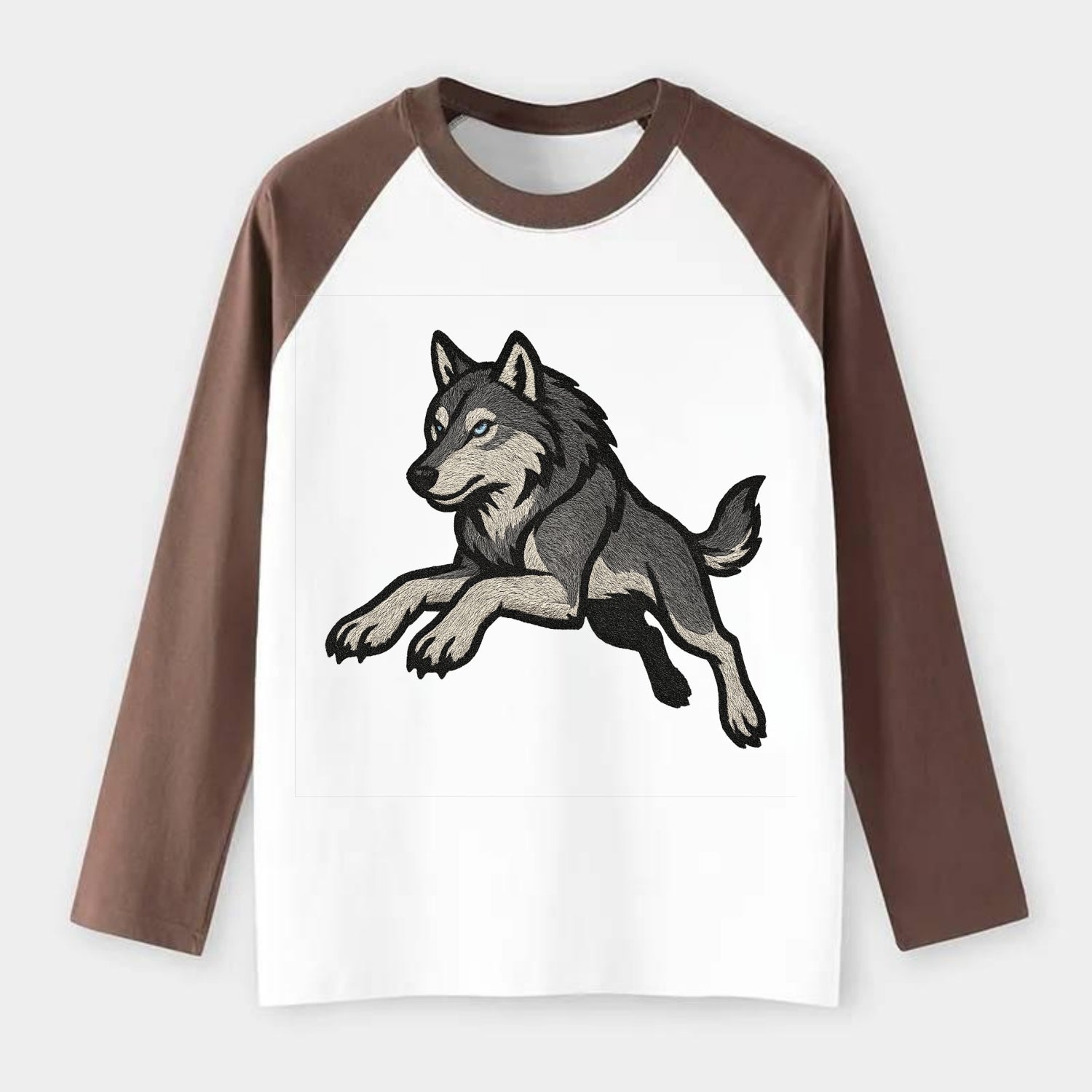 Wolf Leaping Action  - Raglan Long Sleeve T-Shirt - Coffee