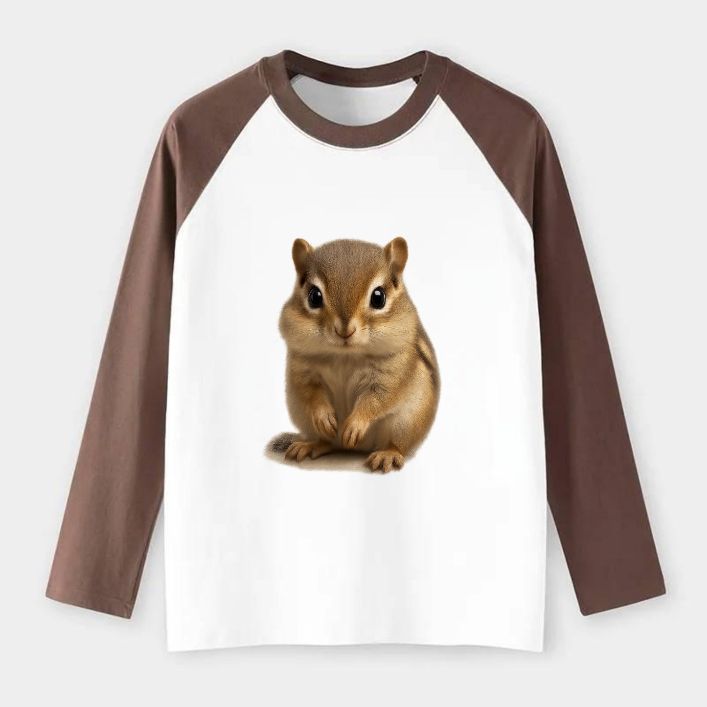 Baby Chipmunk - striped back, cheek pouches, tiny paws, bright eyes, - Raglan Long Sleeve T-Shirt - Coffee