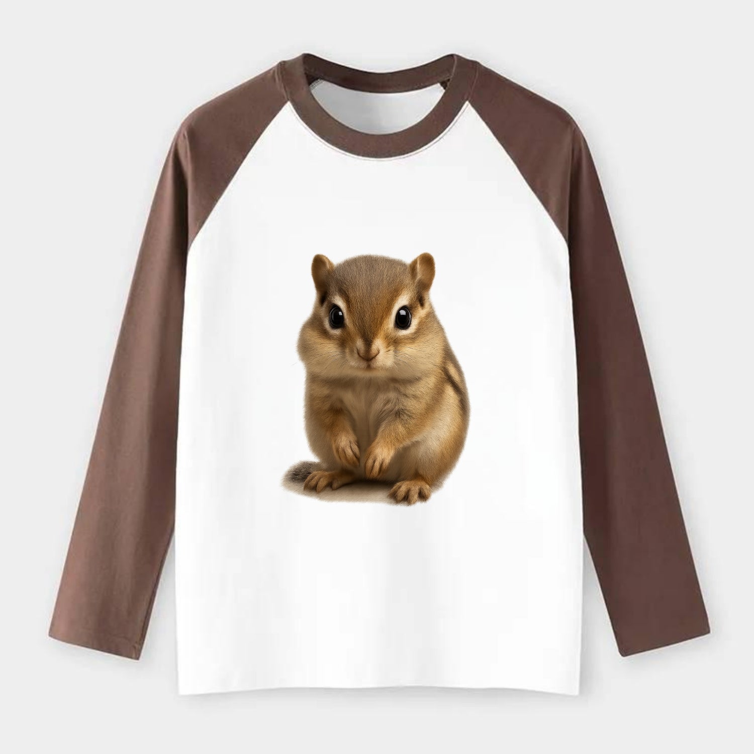Baby Chipmunk - striped back, cheek pouches, tiny paws, bright eyes, - Raglan Long Sleeve T-Shirt - Coffee
