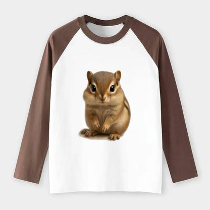 Baby Chipmunk - striped back, cheek pouches, tiny paws, bright eyes, - Raglan Long Sleeve T-Shirt - Coffee