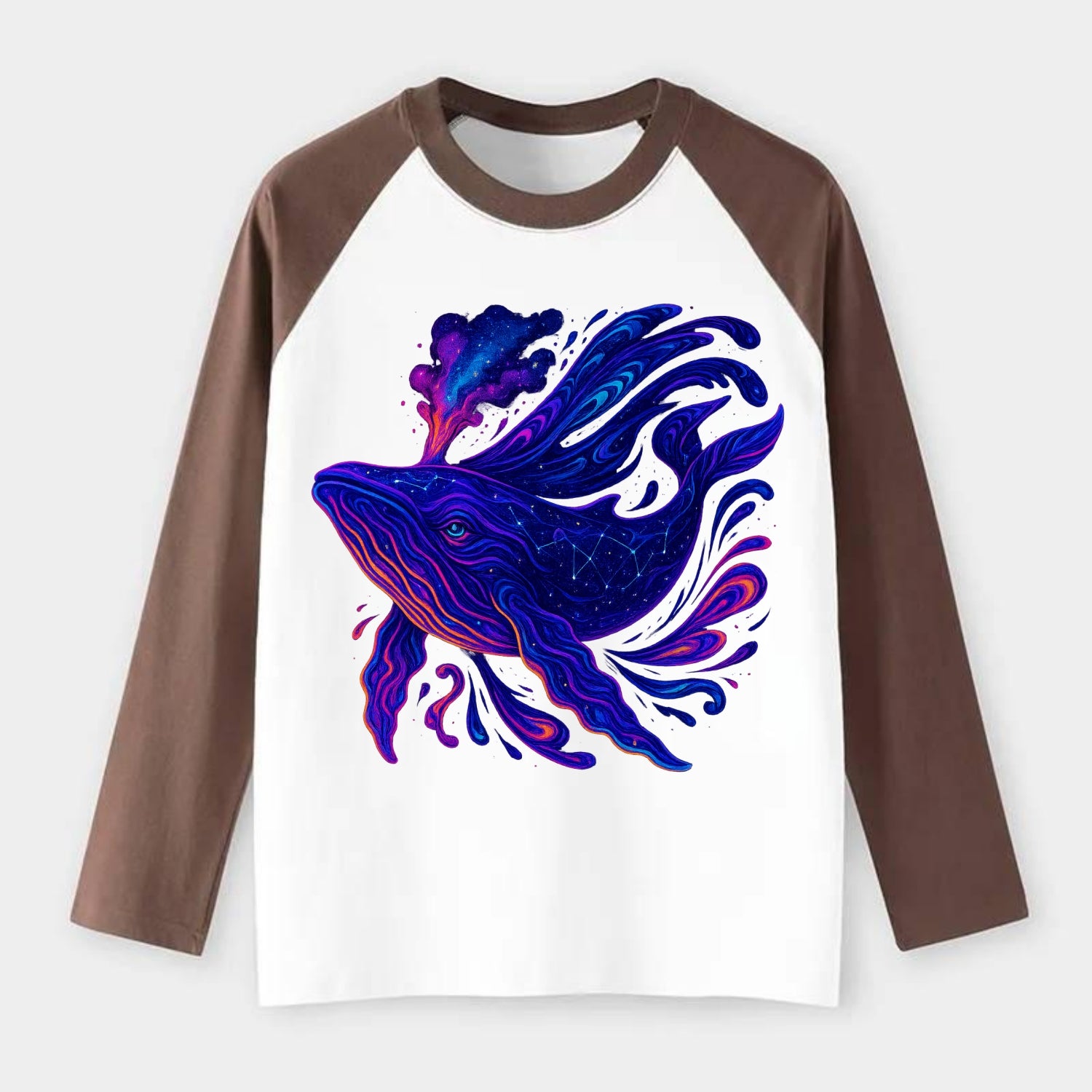 Majestic whale with body composed of galaxy clusters, stellar fins - Raglan Long Sleeve T-Shirt - Coffee