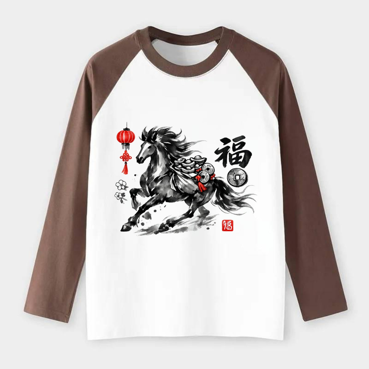 PROSPERITY HORSE | Horse carrying gold ingots and coins | Chinese knot - Raglan Long Sleeve T-Shirt - Coffee