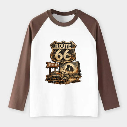 DRIVE-IN | Classic car at drive-in theater | Movie night romance | - Raglan Long Sleeve T-Shirt - Coffee
