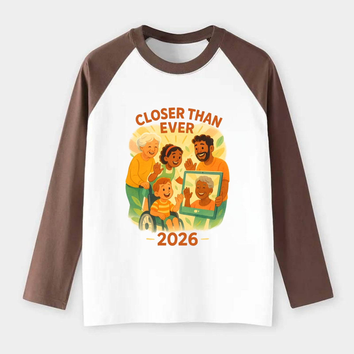 Technology bringing distant families together - "Closer Than Ever" - - Raglan Long Sleeve T-Shirt - Coffee