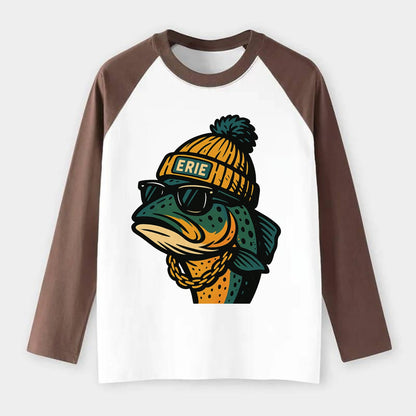 Erie Lake Trout wearing Erie beanie with pom pom and wayfarer - Raglan Long Sleeve T-Shirt - Coffee