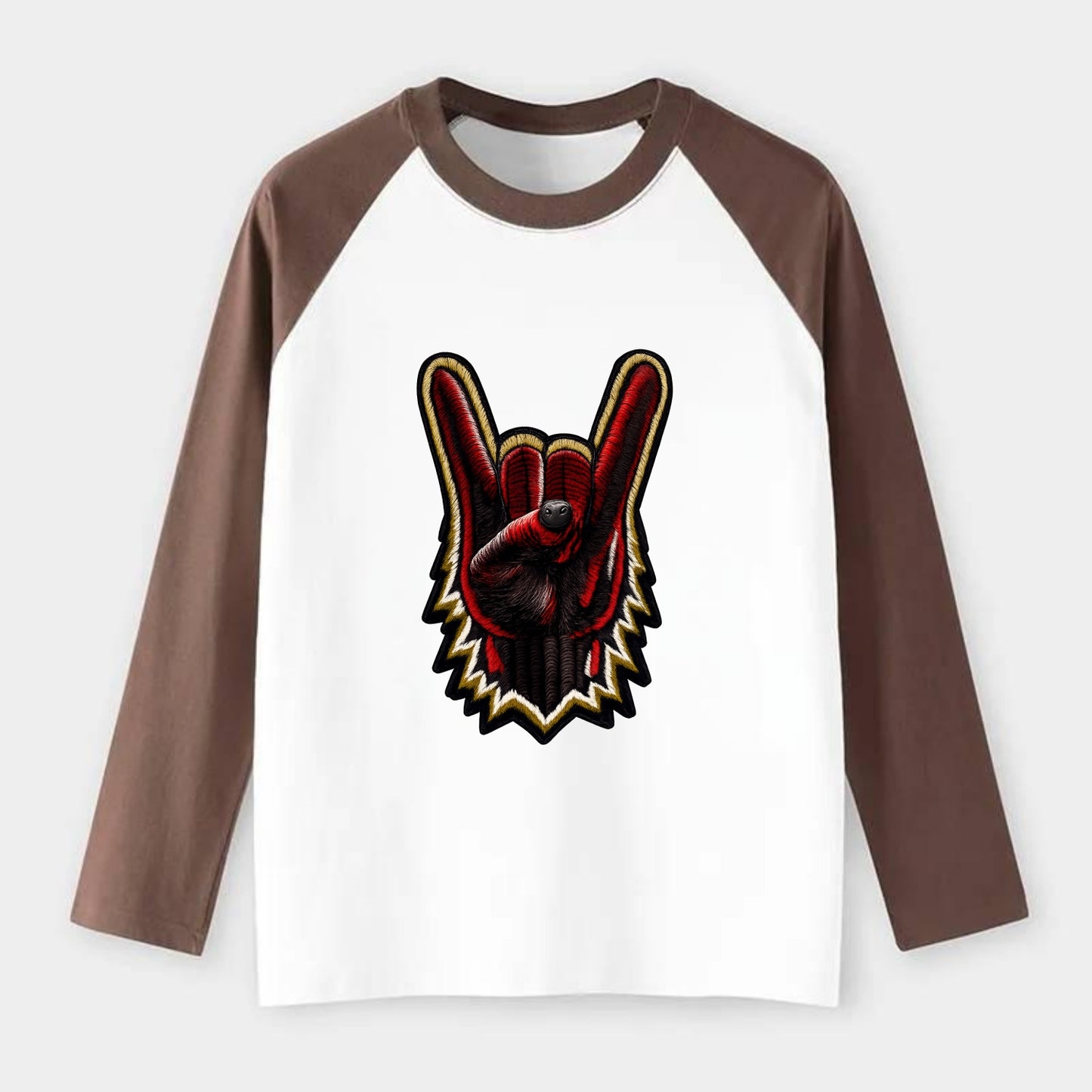 ROCK HAND HORNS - devil horns hand gesture in black and red , metal - Raglan Long Sleeve T-Shirt - Coffee
