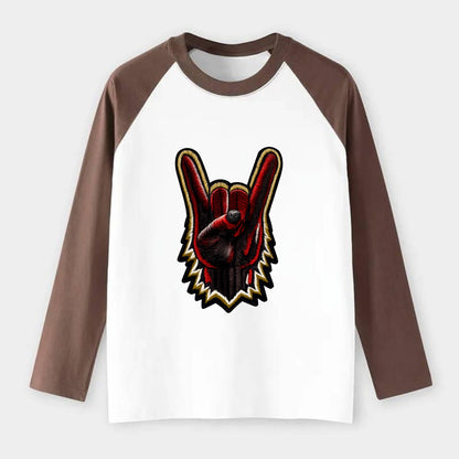ROCK HAND HORNS - devil horns hand gesture in black and red , metal - Raglan Long Sleeve T-Shirt - Coffee