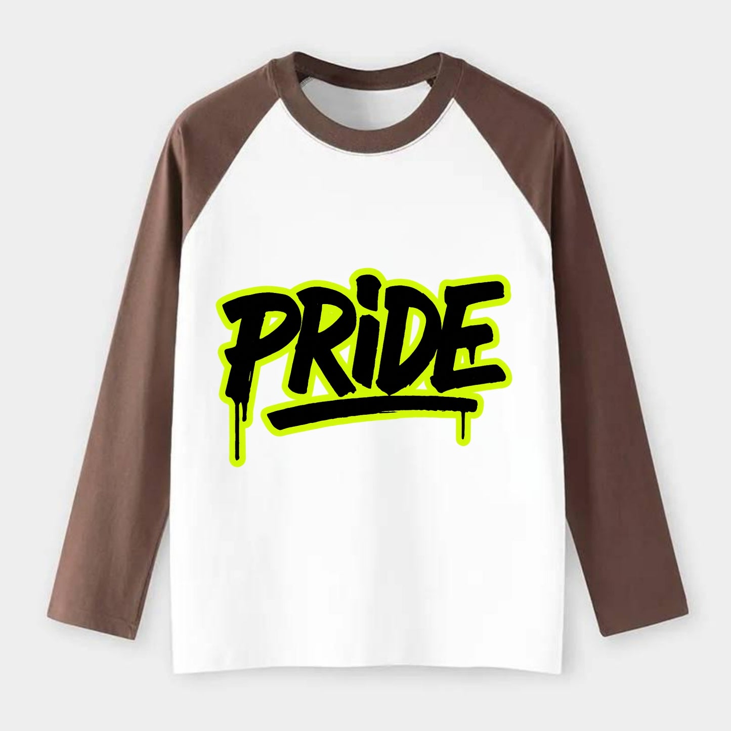 Bold typography design - "PRIDE" - dignified satisfaction, honor - Raglan Long Sleeve T-Shirt - Coffee