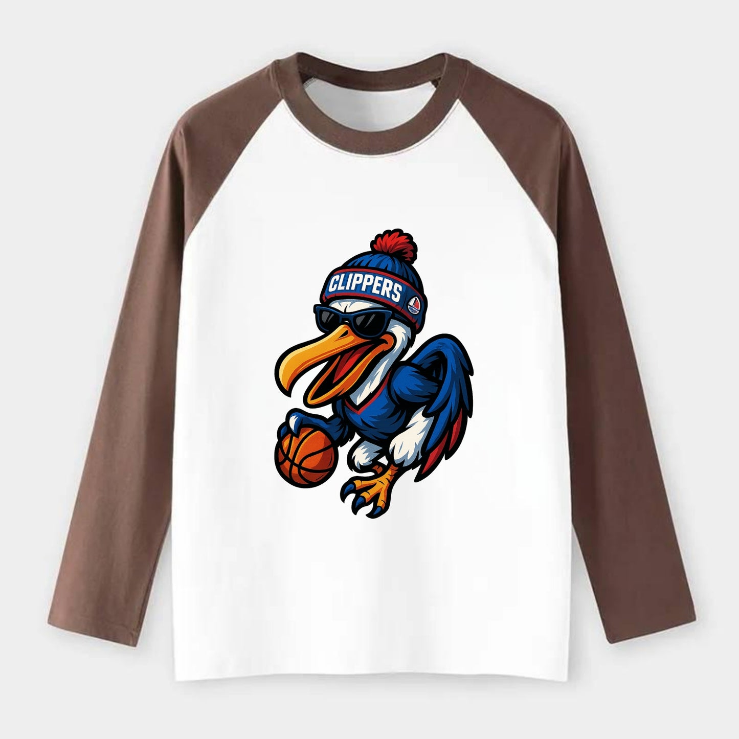 Los Angeles Pelican wearing Clippers beanie with sailboat patch and - Raglan Long Sleeve T-Shirt - Coffee